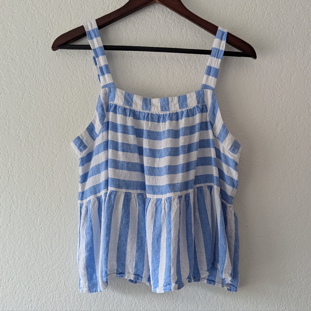Loft Linen Blend Tank Top Blue White Stripes Peplum Size M